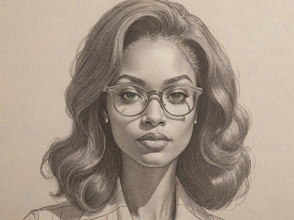 Graceful Zuri Hall, pencil sketch, portrait of Sublime woman 1969s in glasses, hair style beatnik, outline, clear lines, fine lines, 8k