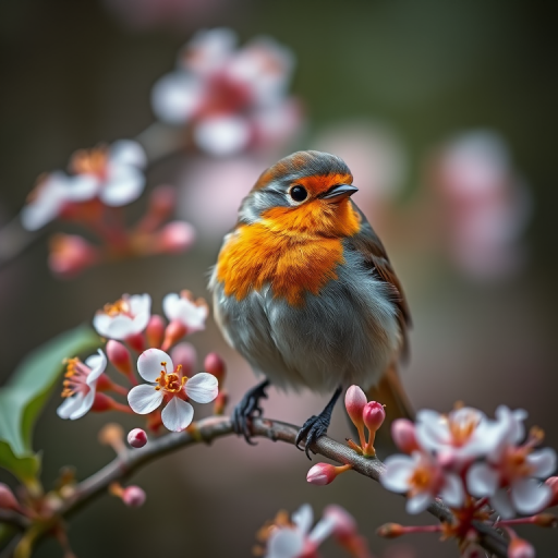 A close-up of a small bird with a bright orange breast perched on a branch surrounded by blooming flowers, captured using a DSLR camera at f/4, ISO 200, 1/500s, with a shallow depth of field and natural soft lighting.