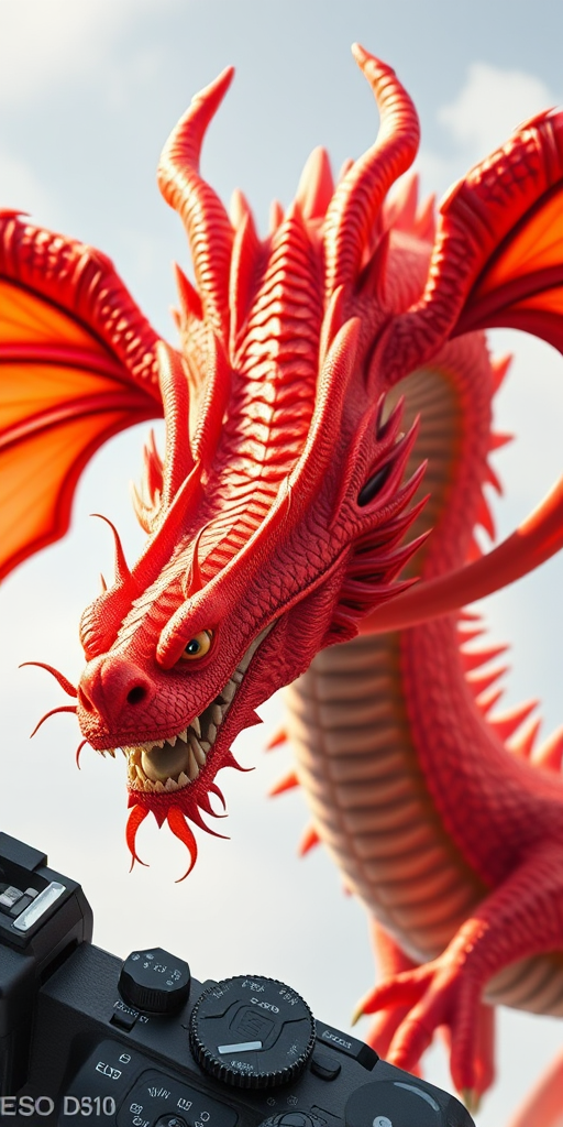 Create a highly detailed illustration of a vibrant, mythical multi-headed dragon with bright orange and red tones, using a Canon EOS R5 camera, 50mm lens, f/1.8 aperture, 1/200s shutter speed, and soft natural lighting to enhance colors and textures.