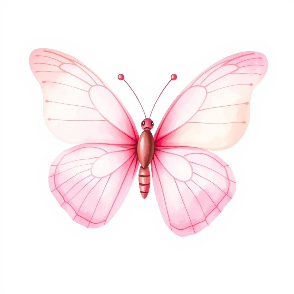 Create a watercolor illustration of a delicate pink butterfly with soft gradient wings, showcasing shades of light pink and cream. The butterfly should be depicted from a side view, highlighting its intricate wing patterns and gentle curves. The background should be minimal to emphasize the beauty of the butterfly.
