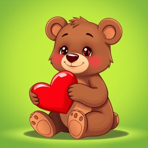 Create a playful cartoon image of a bear sitting and holding a red heart, with a vibrant green background, shot on a DSLR camera using a 50mm lens at f/1.8, with a soft focus effect to enhance the character's features and warm colors.