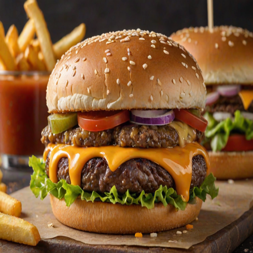 High-resolution, close-up image of a gourmet double cheeseburger. The burger features a glossy, sesame-seed-topped brioche bun. Inside, there are two thick, juicy beef patties, each topped with melted cheddar cheese. The burger is garnished with fresh lettuce, tomato slices, diced onions, and pickles. A generous amount of ketchup and a creamy, orange-colored sauce is dripping down the sides, adding to the mouth-watering appeal. In the background, there are blurred elements including a side of golden French fries and a hint of a beverage, enhancing the overall presentation of a delicious meal.