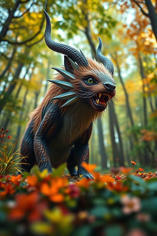 Generate a highly detailed illustration of a mythical creature in a vibrant forest setting, using a Canon EOS R5 with a 50mm f/1.2 lens, aperture set to f/2.8, ISO 100, and a soft bokeh effect for background, captured from a low angle perspective to enhance its grandeur and magic.