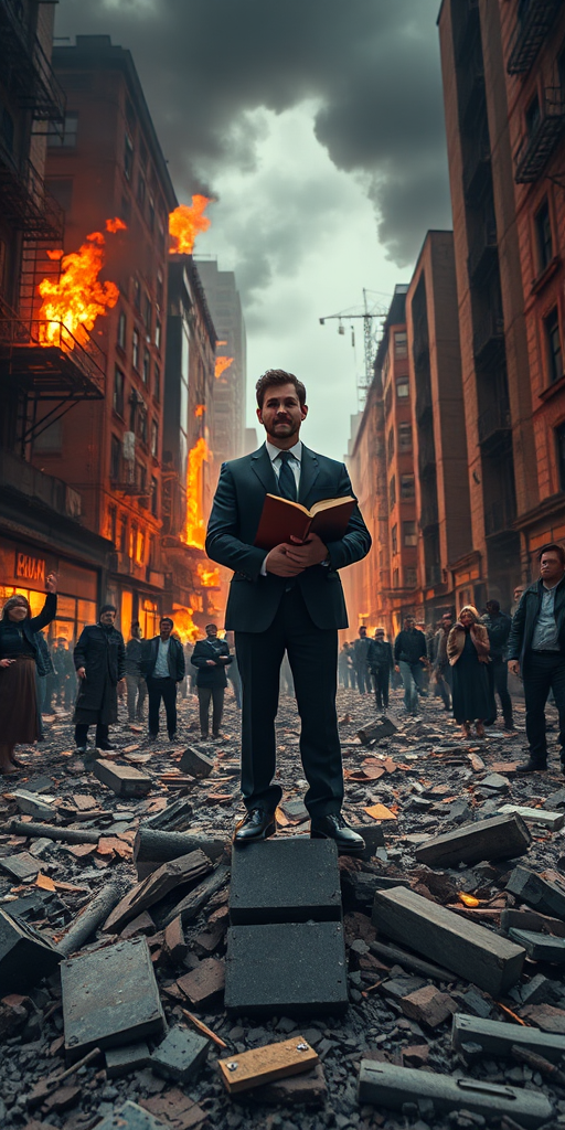 Create a dystopian cityscape featuring a man in a suit holding a book, standing on debris amidst a fiery urban background, with people reaching out in desperation, shot with a Canon EOS R5, 24mm lens, f/11 aperture, ISO 100, in a dramatic wide-angle view to capture intense atmosphere and vivid details.