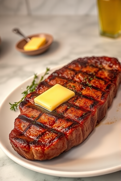 Create an image of a perfectly seared ribeye steak, resting on a white plate with a pat of melting butter on top. The steak is seasoned with fresh herbs like thyme and parsley, with glistening juices highlighting the texture of the meat. The background features a soft focus on a light, marble countertop, with a small dish of butter and an olive oil bottle in the distance. The overall mood should be warm and inviting, capturing the deliciousness and juiciness of the steak.