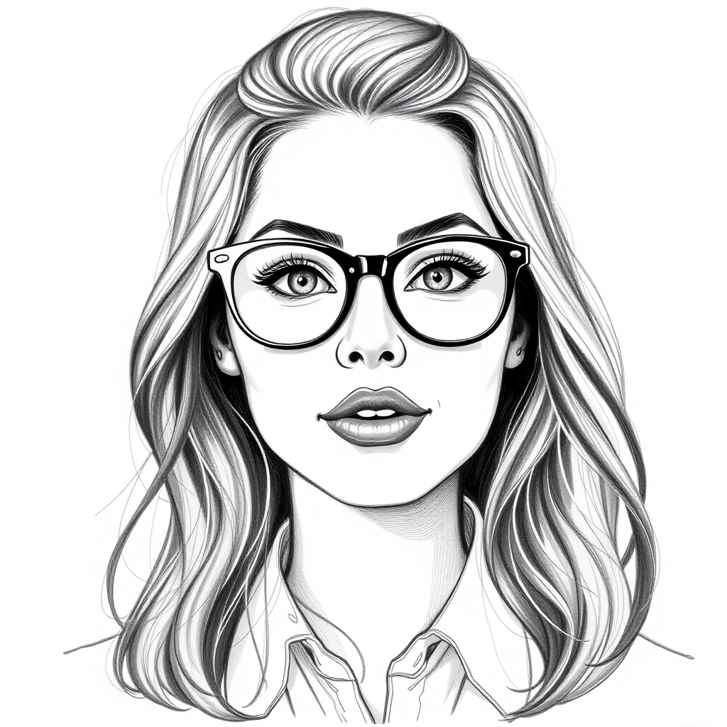Beauteous Miranda Cosgrove, pencil sketch, portrait of Fetching woman 1946s in glasses, hair style beatnik, outline, clear lines, fine lines, 8k