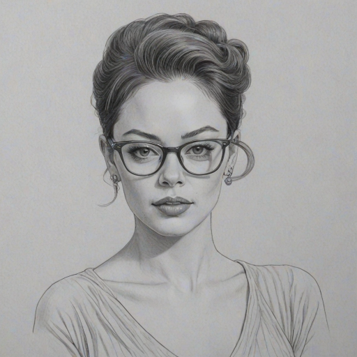 Charming Rose McGowan, pencil sketch, portrait of Comely woman 1950s in glasses, hair style beatnik, outline, clear lines, fine lines, 8k