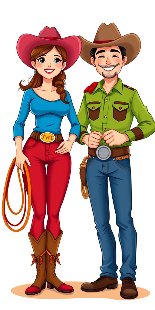Create a vibrant cartoon-style illustration of a cowboy couple, with the woman in a blue top, red pants, and boots holding a lasso, and the man in a green shirt and blue jeans with a rope, set against a clear background, captured using a high-resolution digital camera, 50mm lens at f/2.8, with a soft focus effect to enhance colors.