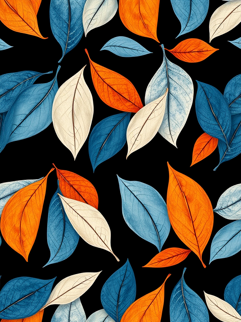 Generate a seamless repeating pattern of abstract leaves in blue, orange, and white on a black background using a macro lens, f/8 aperture, ISO 100, 50mm focal length, and soft diffused lighting to enhance detail and contrast.