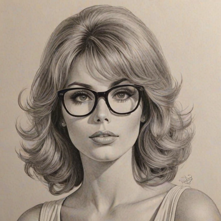 Resplendent Tina Louise, pencil sketch, portrait of Fascinating woman 1969s in glasses, hair style beatnik, outline, clear lines, fine lines, 8k