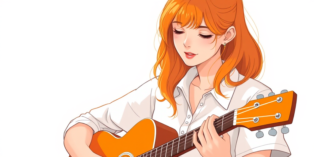 Regenerate an illustration of a woman with orange hair playing an orange guitar, wearing a white button-up shirt, in a minimalist style, with soft lighting; use a DSLR camera, focal length of 50mm, aperture f/1.8, shutter speed 1/125s, ISO 100, with a shallow depth of field for enhanced image quality.