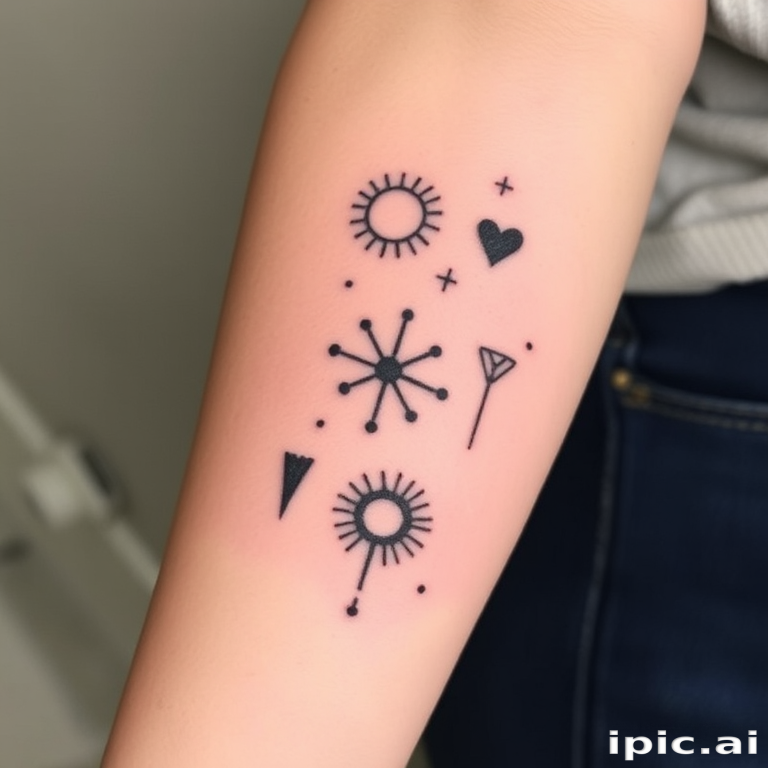 Stick and poke tattoo called "Primitive Whispers" featuring simple yet meaningful symbols and patterns created entirely with hand-poked dots, embracing imperfections for a raw, organic aesthetic