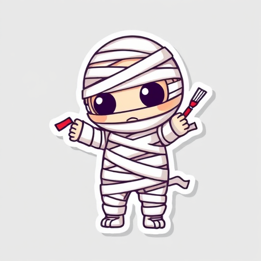 create a kawaii Mummy wrappings sticker, 3d digital art, grey background, sticker line weight