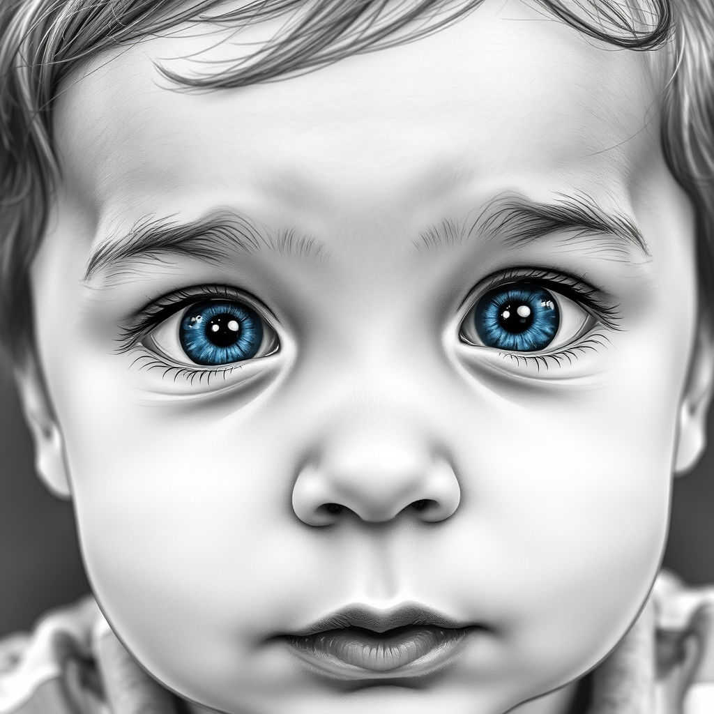 A hyperdetailed photorealistic black and white sketch of a beautiful toddler with deep blue eyes, with a macro focus