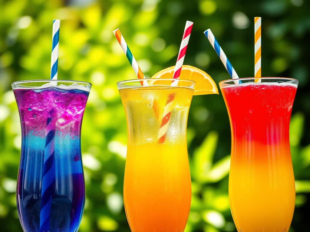 Generate an image of three vibrant, colorful drinks in clear glasses with decorative straws, set against a lush green background, using a DSLR camera with a 50mm lens, f/1.8 aperture, ISO 100, and natural lighting for enhanced depth of field.