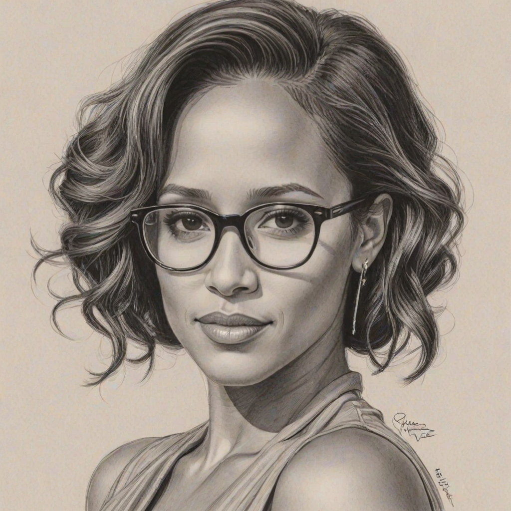 Ravishing Dania Ramirez, pencil sketch, portrait of Elegant woman 1953s in glasses, hair style beatnik, outline, clear lines, fine lines, 8k