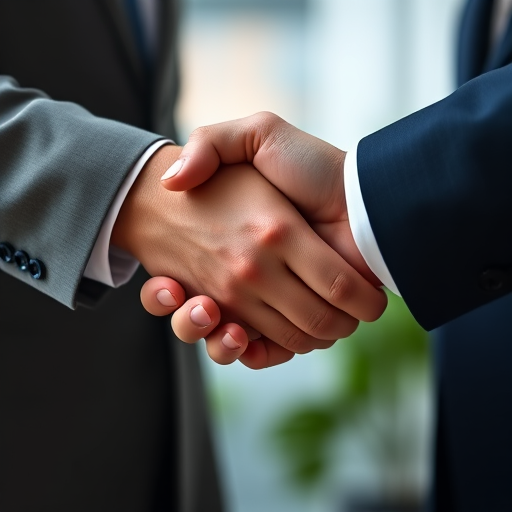 a close-up shot of two businessmen shaking hands, captured with a Canon EOS 5D Mark IV, aperture f/2.8, ISO 100, 85mm lens, natural light, shallow depth of field, focus on hands, soft bokeh background