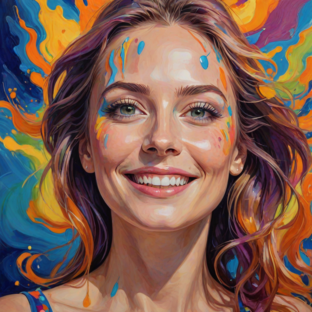 Generate a psychedelic portrait of a woman's happy face with brushstrokes of a woman smiling and looking up at the sky, emphasizing bright and bold colors. The dominant color should be deep blue, with swirling patterns of yellow, green, pink, purple and orange. open blue eyes with long eyelashes, apply an orange-yellow eyeshadow for a mesmerizing effect.