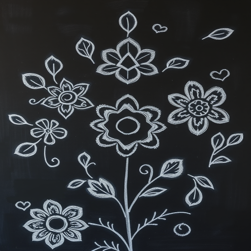 Create an intricate floral chalk drawing on a black chalkboard background, using a DSLR camera with a 50mm lens, f/1.8 aperture, ISO 200, and a soft focus effect for enhanced texture and detail.