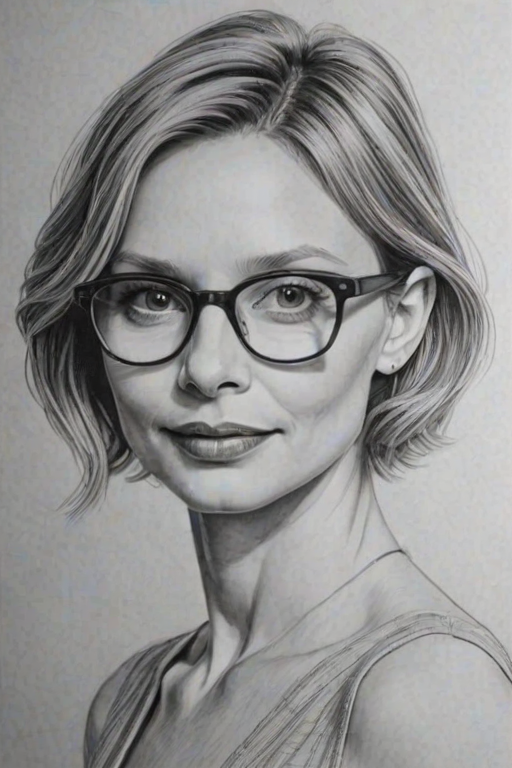 Elegant Calista Flockhart, pencil sketch, portrait of Splendid woman 1931s in glasses, hair style beatnik, outline, clear lines, fine lines, 8k