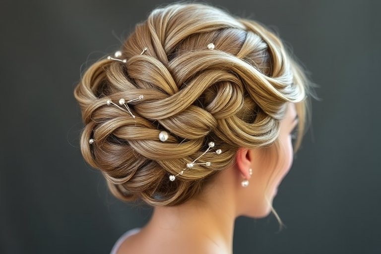 Elegant ash blonde updo called "Smoky Sophistication" features intricate twists and turns, adorned with delicate pearl pins and a subtle metallic shimmer throughout