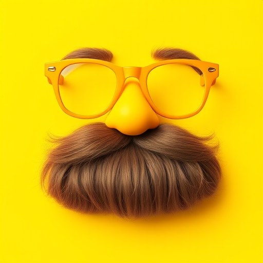 Create a playful illustration of oversized yellow glasses, a large yellow nose, and a bushy brown mustache on a bright yellow background, with high resolution and vibrant colors; use a Canon EOS R5, 50mm lens, f/1.8 aperture, 1/100s shutter speed, and natural lighting.