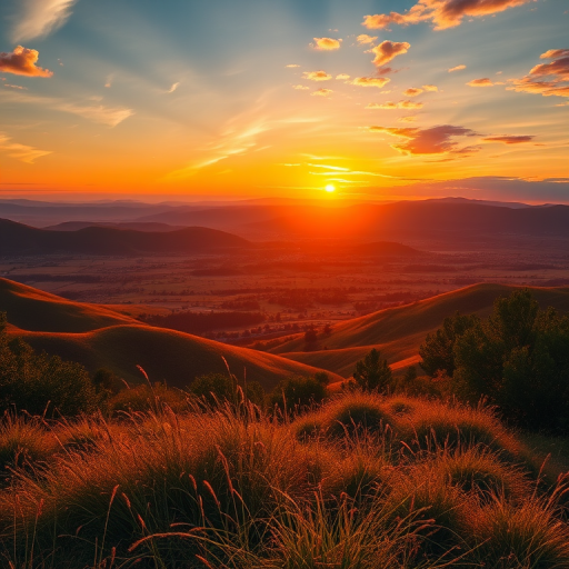Create a high-resolution image of a scenic landscape at sunset, using a DSLR camera with a 50mm lens, aperture set to f/8, ISO 100, shutter speed 1/100s, in a vibrant color palette, capturing a wide-angle view with rich details and dynamic lighting.