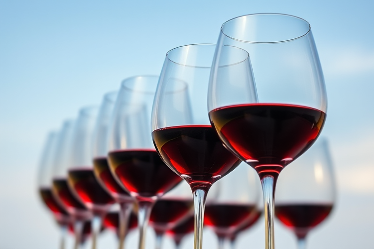 A row of wine glasses filled with red wine against a clear sky, captured with a 50mm lens, f/1.8 aperture, ISO 100, using a shallow depth of field in a high-resolution DSLR format.