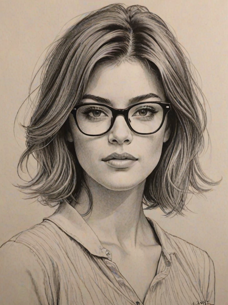 Appealing Jessica Szohr, pencil sketch, portrait of Comely woman 1961s in glasses, hair style beatnik, outline, clear lines, fine lines, 8k