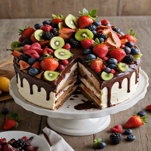 Create an image of a round cake covered in smooth white frosting. At the top, there is a waffle cone overflowing with a colorful assortment of fresh fruits, including strawberries, raspberries, blueberries, and figs. Chocolate ganache drips down the sides of the cake, adding a rich contrast to the white frosting. The setting is natural and rustic, with hints of greenery in the background.