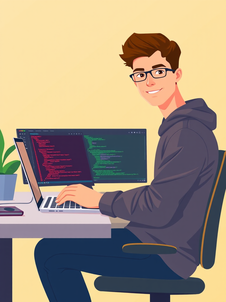 Create a digital illustration of a young male programmer sitting at a laptop with coding windows open on the screen, using a front view perspective, in a flat design style, with a bright color palette and clean lines, simulate a Canon EOS 5D Mark IV with a 50mm lens, aperture set to f/1.8, ISO 100, and a focus on vibrant colors and clarity.