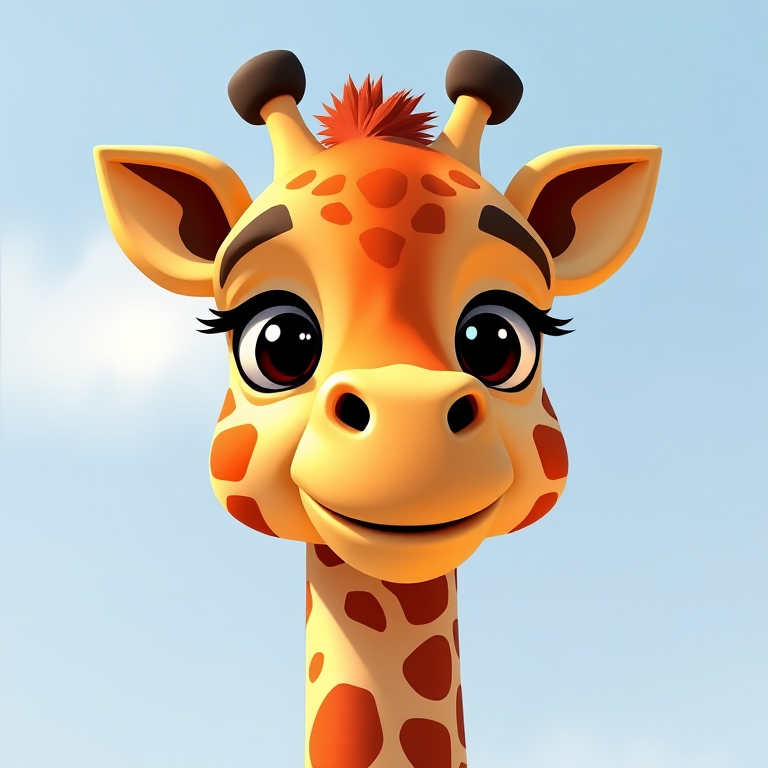Create a high-quality illustration of a cartoon giraffe with a friendly expression, using a Canon EOS 5D Mark IV with a 50mm f/1.8 lens, shot from a slight low angle to enhance its height, in bright daylight for vibrant colors and clarity.