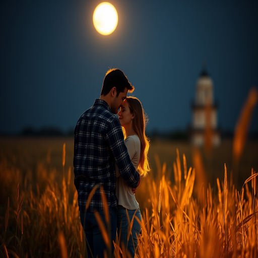 Create a romantic scene with a couple embracing in a field at night under a full moon, using a Canon EOS R5, 50mm lens, f/1.8 aperture, ISO 200, 1/250 sec shutter speed, with a soft focus background and warm golden light illuminating the grass.