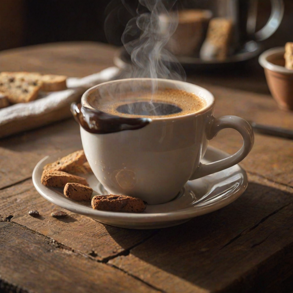 Warmly lit, close-up photo of a steaming cup of espresso on a rustic wooden table, soft sunlight reflecting off the dark liquid, with a small biscotti resting on the saucer and blurred background of a cozy  cafe.