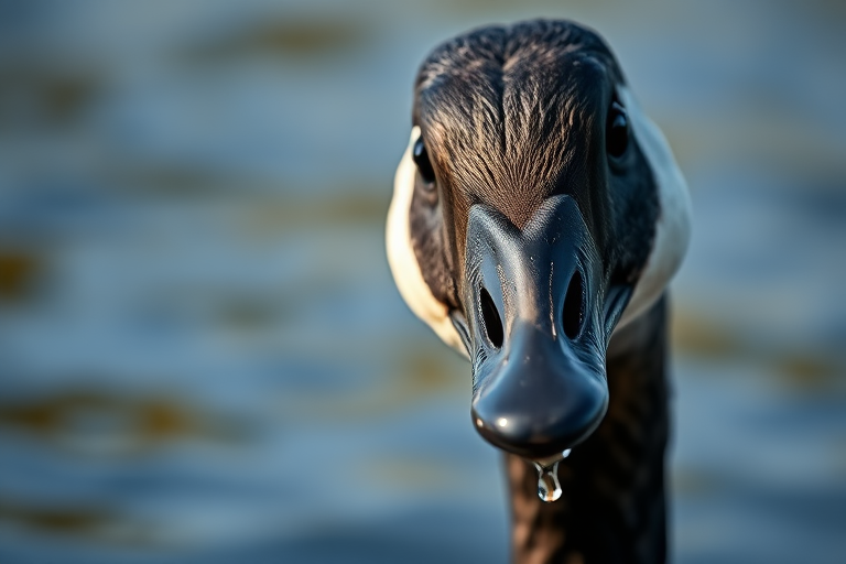 Capture a close-up of a Canada goose with water dripping from its beak, sharp focus, natural light, f/4 aperture, 1/500s shutter speed, ISO 200, use a Canon 5D Mark IV, 85mm lens, and a low angle to highlight the water splashes.