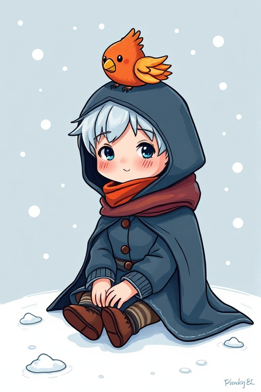 Create an illustration of a cute character with a bird on his head, wearing a dark cloak, seated on a snowy ground, using a Canon EOS R5 with a 50mm f/1.2 lens, aperture set to f/2.8, ISO 100, 1/200s shutter speed, in a bright and colorful hand-drawn style for a whimsical effect.