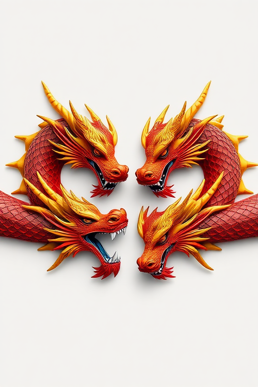 Create a high-resolution image of four stylized dragon heads in a symmetrical layout, with each dragon facing outward, using a Canon EOS R5 with a 50mm f/1.2 lens, aperture set to f/2.8, ISO 100, and daylight exposure settings for vibrant colors and sharp details.