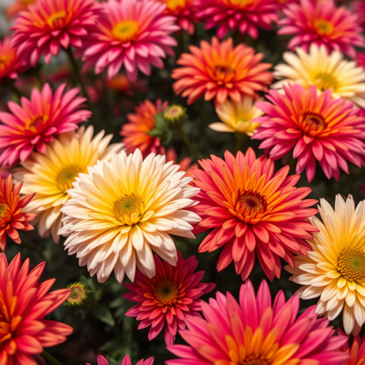 vibrant close-up of multi-colored chrysanthemums in full bloom, macro lens, f/2.8 aperture, 50mm focal length, natural lighting, shot from eye level, DSLR camera