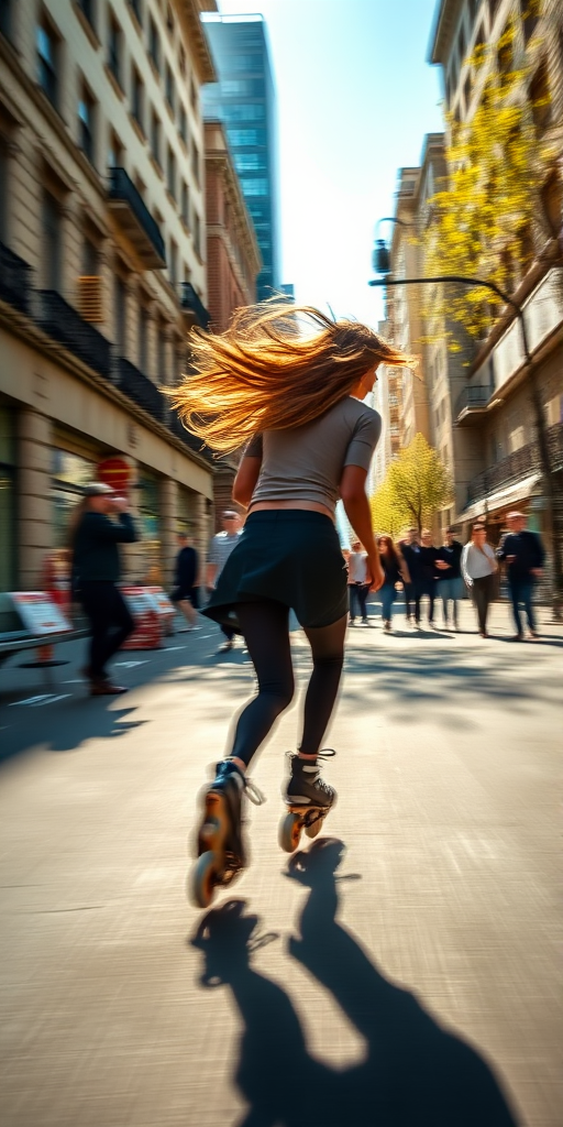 Blurry action shot of a rollerblader speeding down a city street, wind blowing through their hair, sunlight reflecting off the pavement, pedestrians watching from the sidewalk, the distant sound of music and soft chatter filling the air.