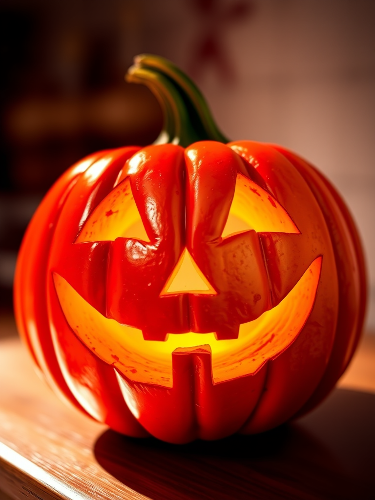 Generate a high-resolution image of a smiling jack-o'-lantern with vibrant colors and a shiny surface, using a DSLR camera at f/2.8 aperture, ISO 100, 50mm lens, with a soft focus background.