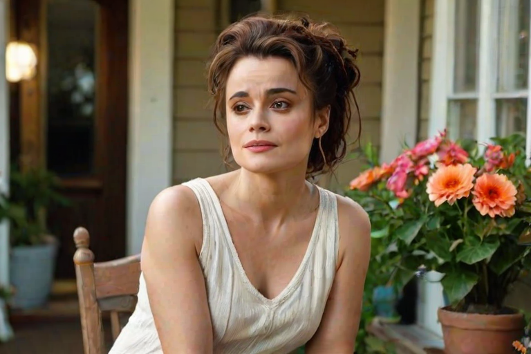 A photo of Helena Bonham Carter with a background of a cozy porch. She has dark hair pulled back in an updo, with tendrils framing her face. She wears a white tank top and sits on the porch. The porch is part of a well-lit home with a warm, earthy tone and colorful flowers and foliage. The overall scene has a warm, welcoming, and comfortable ambiance.