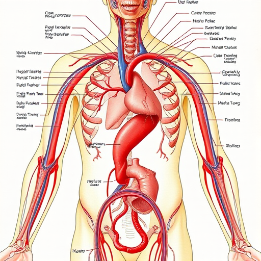 Create a detailed anatomical diagram of the human circulatory system with labeled organs and structures, in high resolution, shot with a DSLR camera at f/8 aperture, 50mm lens, 1/200s shutter speed, and a neutral density filter for enhanced clarity and color precision.