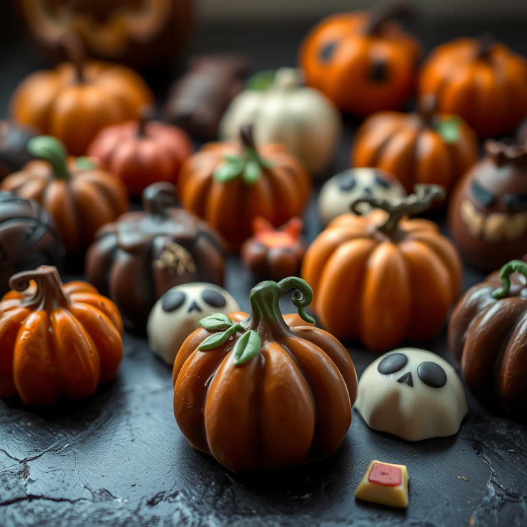 highly detailed close-up of assorted decorative chocolates shaped like pumpkins and spooky designs on a dark surface, natural light, f/2.8, 50mm lens, ISO 100, shallow depth of field, soft focus background, rich colors and textures