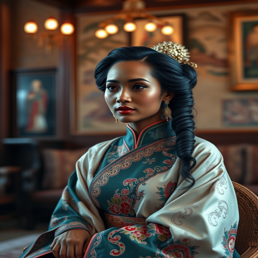 A beautiful Afro-Caribbean woman in traditional East Asian attire, intricately detailed with embroidered patterns, sitting gracefully in a richly decorated room, soft ambient lighting, serene and elegant, ultra-realistic, 8K resolution