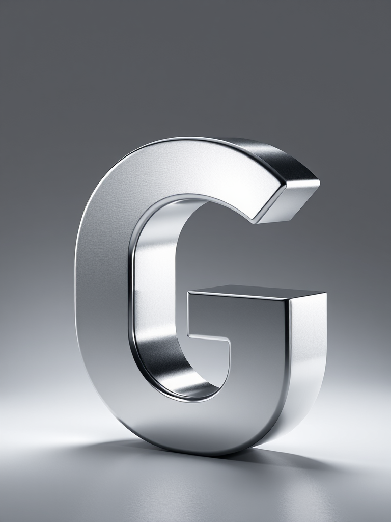 Create a high-resolution image of a three-dimensional silver letter G, reflecting light with smooth gradients, using a Canon EOS R5 camera, 50mm lens, f/1.8 aperture, ISO 100, photographed from a 45-degree angle with soft studio lighting.
