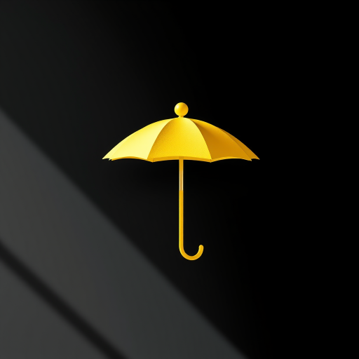 Create a high-resolution image of a minimalist yellow geometric shape resembling an umbrella with a circular top, captured using a DSLR camera at f/2.8 aperture, ISO 100, 50mm lens, in natural light, with a shallow depth of field to enhance focus on the shape against a solid black background.