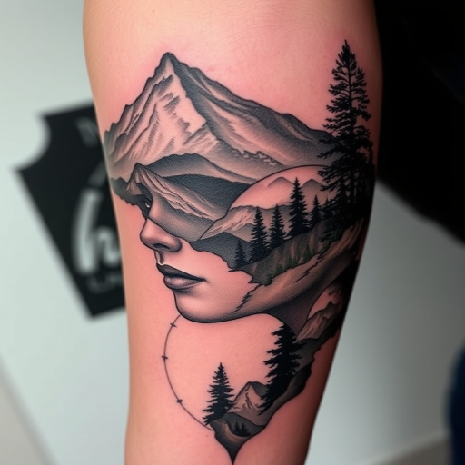 Surrealistic double exposure tattoo titled "Nature's Reverie" blending two distinct images - a majestic mountain landscape and a portrait of a contemplative face - seamlessly merged together to create a dreamlike scene where the boundaries between human and nature blur, utilizing fine linework and subtle shading to achieve a haunting and thought-provoking design