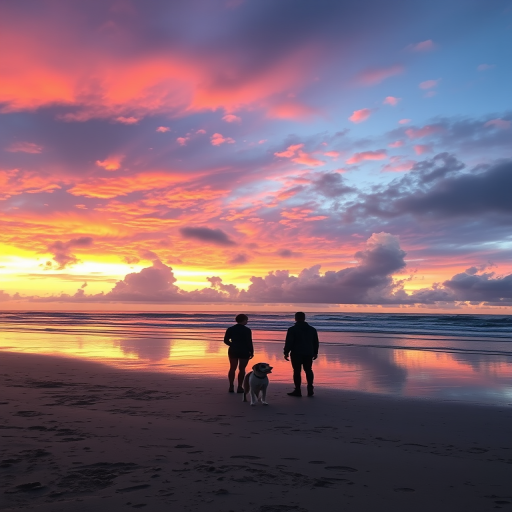sunset landscape with two people and a dog on a beach, vibrant sky with clouds, reflections on water, ISO 100, aperture f/11, shutter speed 1/125 sec, 24mm lens, wide-angle view, DSLR camera