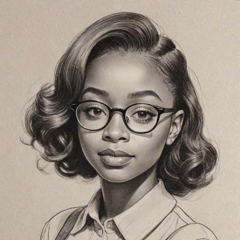 Superb Skai Jackson, pencil sketch, portrait of Attractive woman 1938s in glasses, hair style beatnik, outline, clear lines, fine lines, 8k