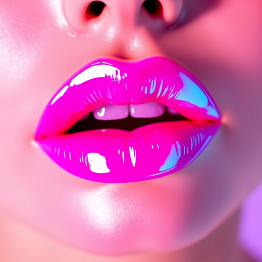 Glossy neon pink lips with a high-shine finish, dubbed "Electric Bubblegum," display a vibrant, attention-grabbing color and ultra-reflective surface